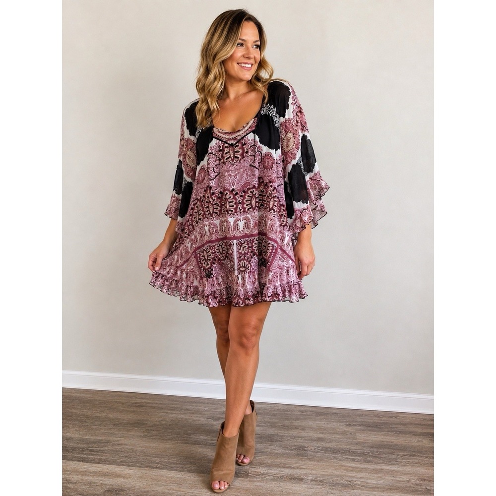 Free People Marla Dreams Purple Paisley Tunic Dress Sz Small Boho Festival